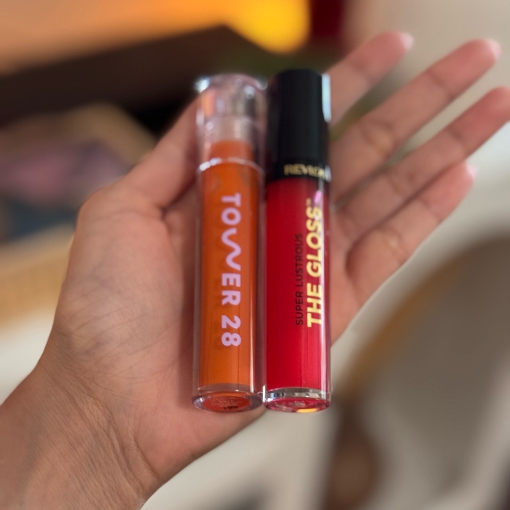 Tower 28 and Revlon lip oil/gloss duo FIRE and FATAL APPLE